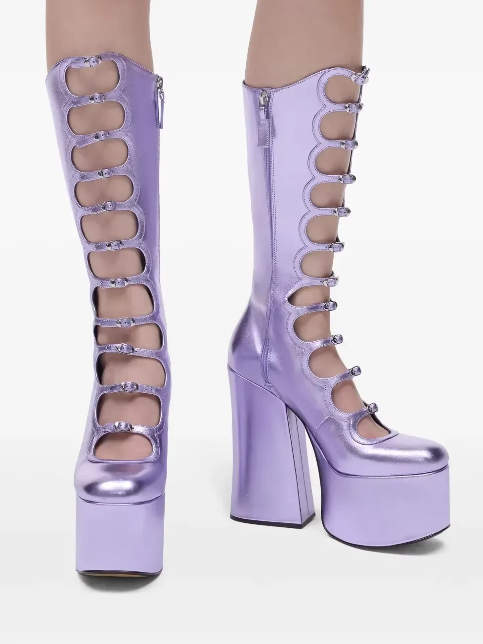 Summer Patent Leather Belt Buckle Sexy Boots 2025 Platform Party Zip Fashion Women Lolita Hollow Street Punk Thick High Heels
