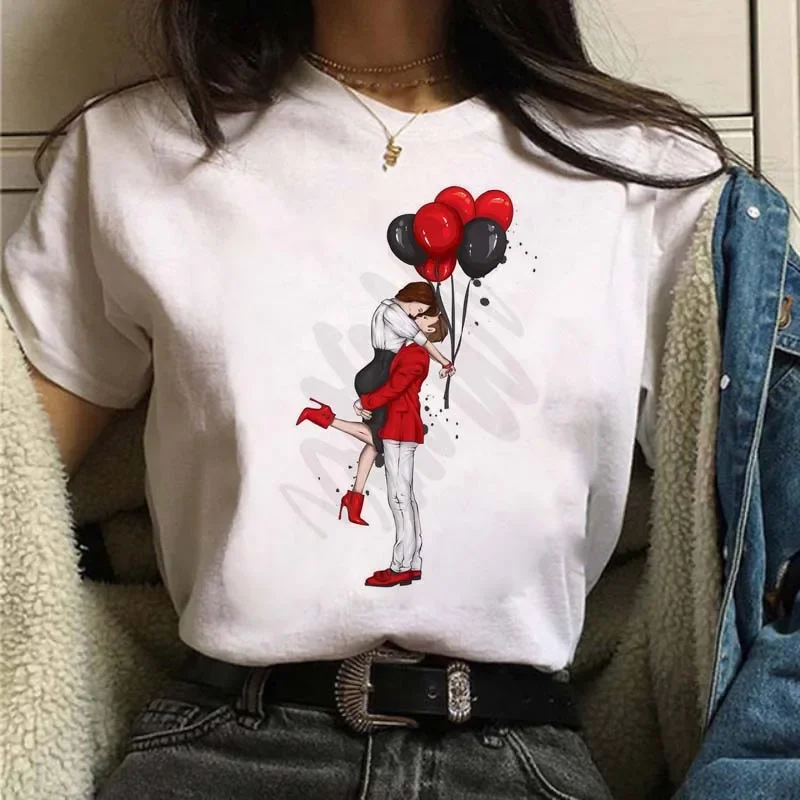 Camiseta estampada com balão vermelho feminino, camiseta com decote em O, manga curta, casual, fofa, moda feminina, nova