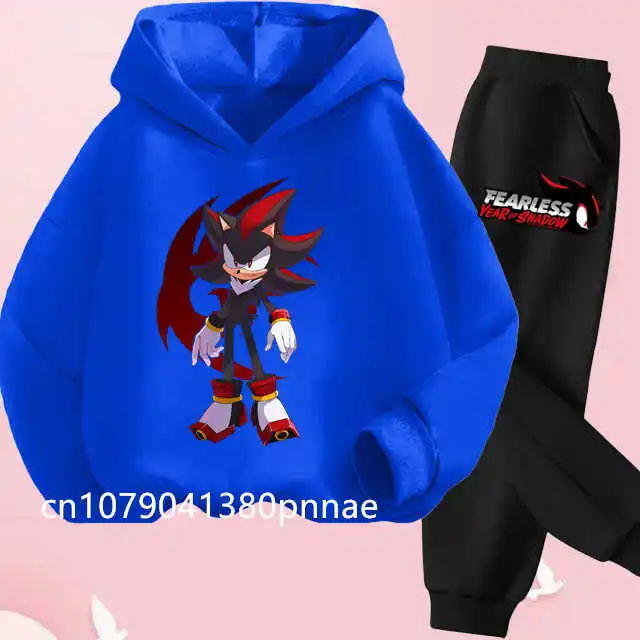

Autumn/Winter Warm Two Piece Hoodie+Pants Sports Set for Boys and Girls Aged 3-13 Children's Anime Cartoon Sonic Letter Printed