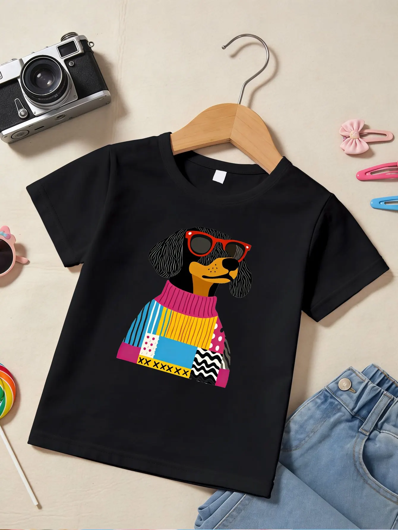 Color Block Dachshund With Sunglasses Print Family T Shirt Boys Girls Tee Parent Child Casual Top Mom Dad Kids Summer Daily Wear