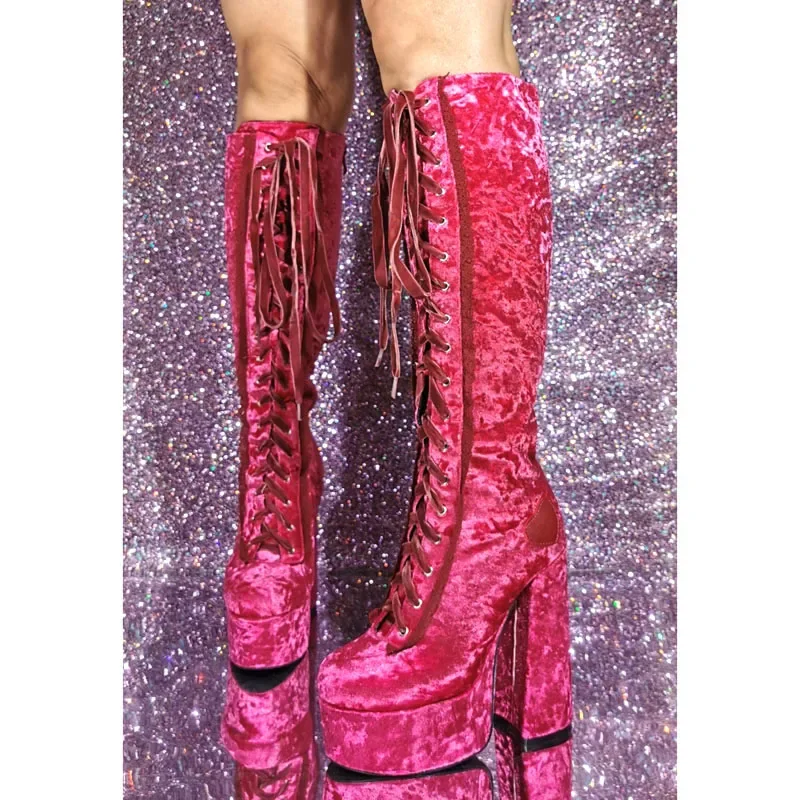 Bright Fuchsia Velvet Platform Cross Lace- Up Knee Boots Chunky High Heels Heart Patched Women Zipper Side Stage Show Boots