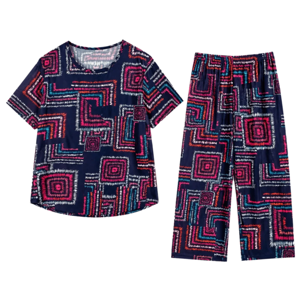 

Clothes Set Plus Size Elderly T-shirt Sets Stripe Loose Casual Loungewear Set Summer Short-sleeved Women Two Piece Set Gift