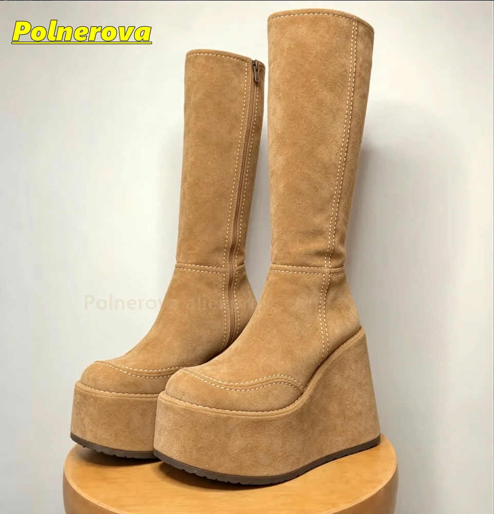 Women Khaki Knee High Wedge Boots Round Toe Platform Thick Sole Trendy Y2K Fashion Footwear for Street Style Party Daily Wear