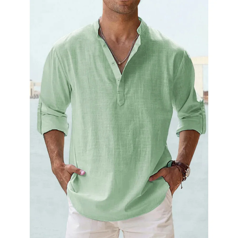King Billion Men's Cotton Linen Henley Shirt Short Sleeve 5