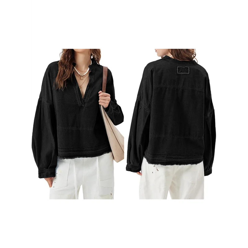 

CYL-женские джинсовые топы, пуловеры, модные повседневные джинсовые хлопковые рубашки с v-образным вырезом, свободный крой, с пышными рукавами