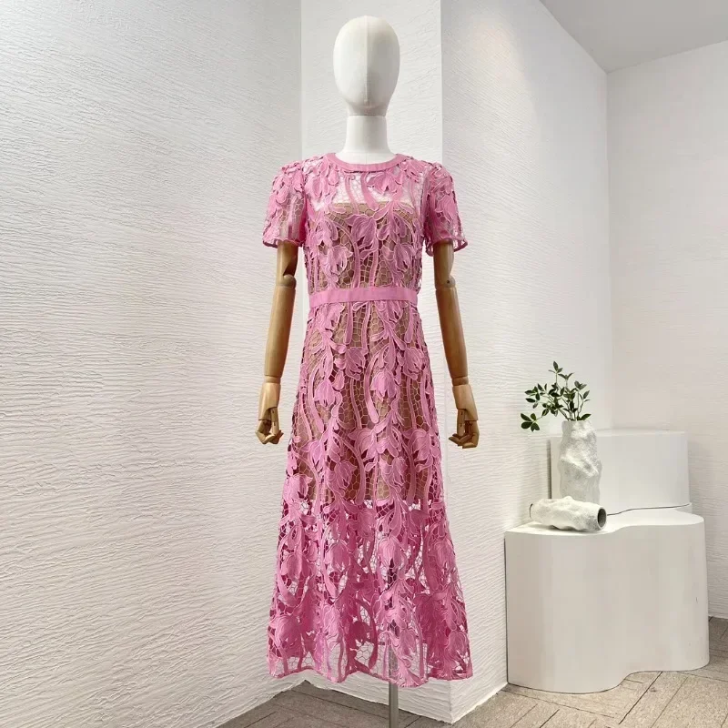 

Pink and Blue Grid Cutout Lace Patchwork See Through Hollow Out Midi Dress Chic and Elegant for Woman 2024 Summer New Dresses