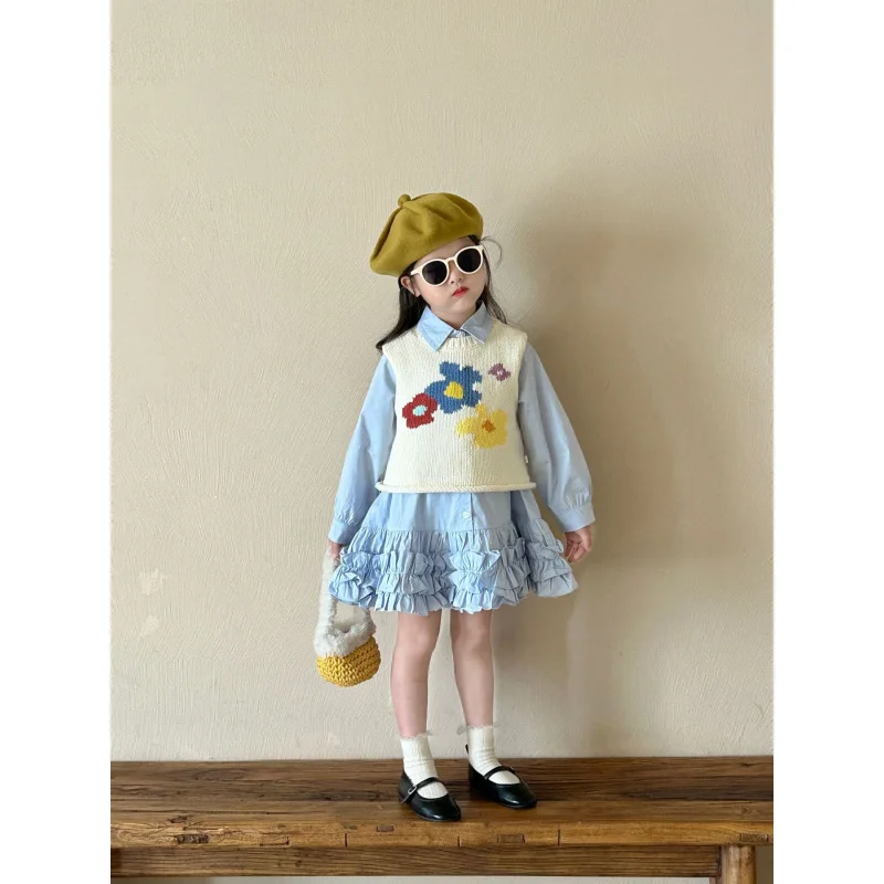 Girls' Suit2024Autumn New Children2-7Year-Old Cartoon Sweater Vest Long-Sleeve Children One-Piece Dress Tide