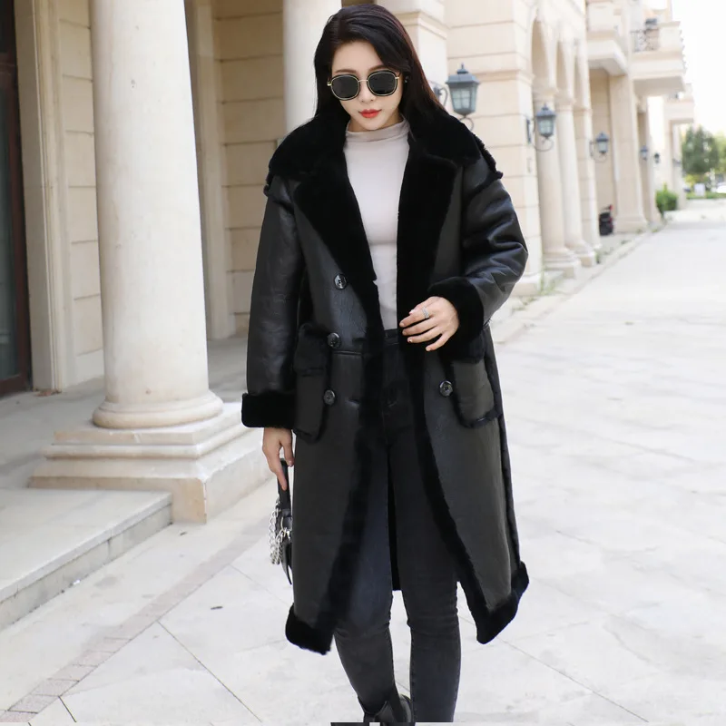 New Genuine Shearling Fur Coat Women Winter Warm Fur Long Jacket Lady Snow Outerwear