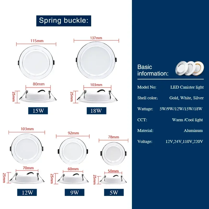 10pcs/lot LED Downlight AC110V 220V 5W 9W 12W 15W 18W DC12V 24V Led Ceiling Light Recessed Downlights Round Led Panel Light