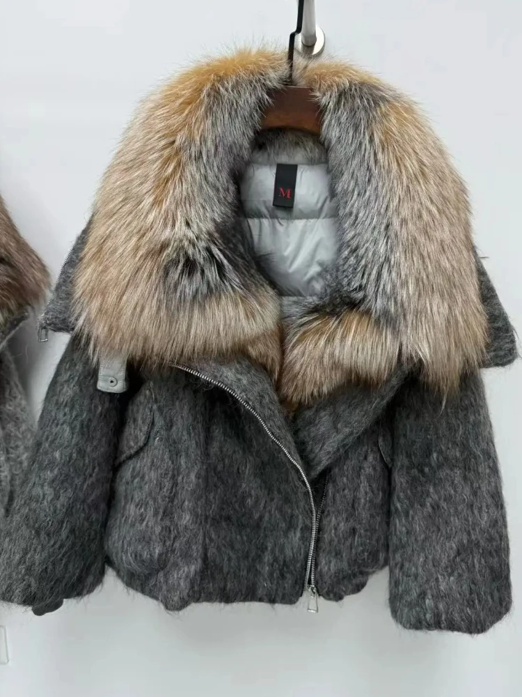 الأبيض أوزة أسفل سترة النساء الشتاء الإناث موضة جديدة الخريف كبير الثعلب الفراء الصوفية الدافئة الطبيعية الفراء سترة منفوخة معطف الفرو الحقيقي