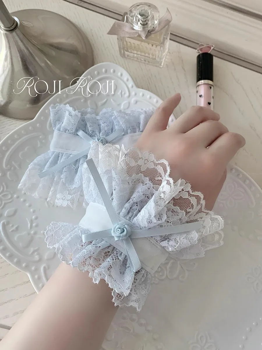 Japanese Lolita Rose Lace Wrist Cuffs Lady Summer Bow Kawaii Hand Sleeve Lolita Lovely Big Lace Sweet Sweater Decoration