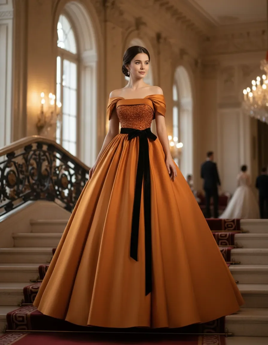 

Rust Orange Off Shoulder Satin Princess Gown Black Velvet Bow Lace Up Quinceanera Party Formal Gown Free Petticoat