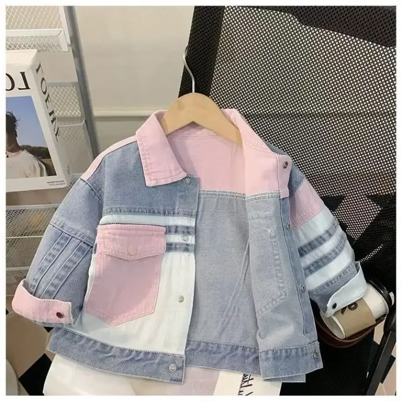 

Girls' Spring and Autumn Denim Jacket Fashion New Style Children's Leisure Korean Edition Splicing Coat