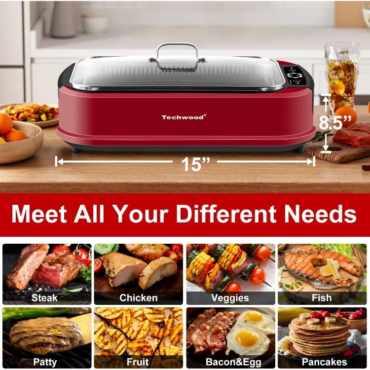 Techwood 1500W Electric Indoor Grill with Tempered Glass Lid, Portable Non-stick BBQ Korean Grill, Turbo Smoke Extractor