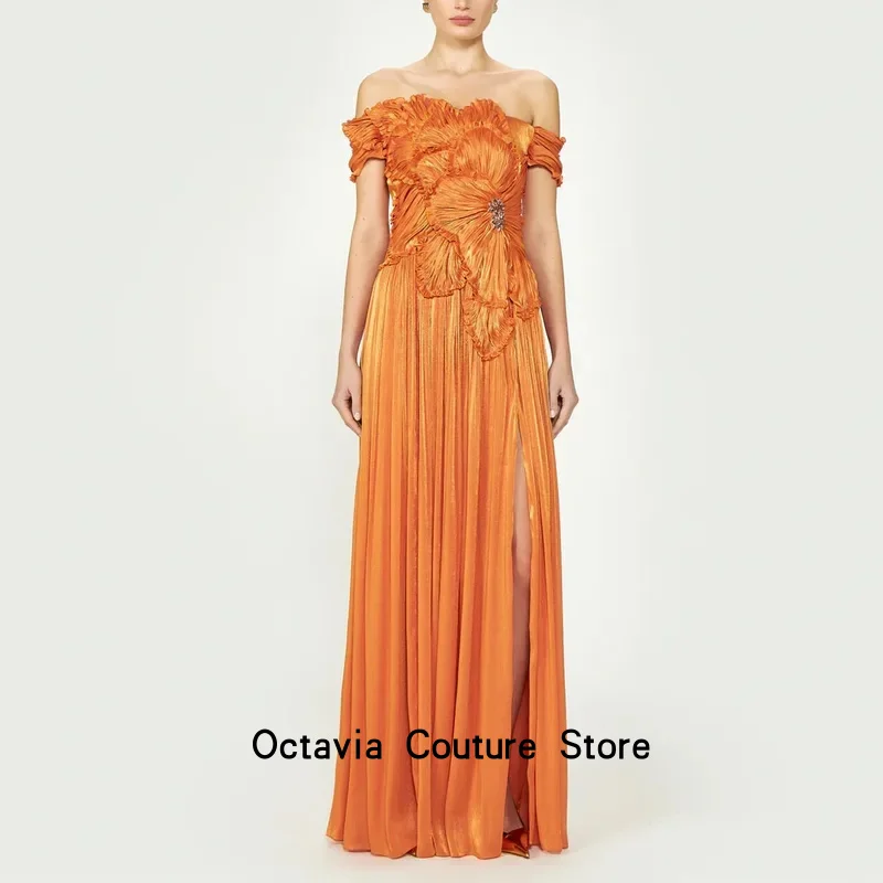 

Customized Off-shoulder Georgette Prom Dresses for Women Pleated A Line Evening Gowns with Slit Ruching Prom Gown