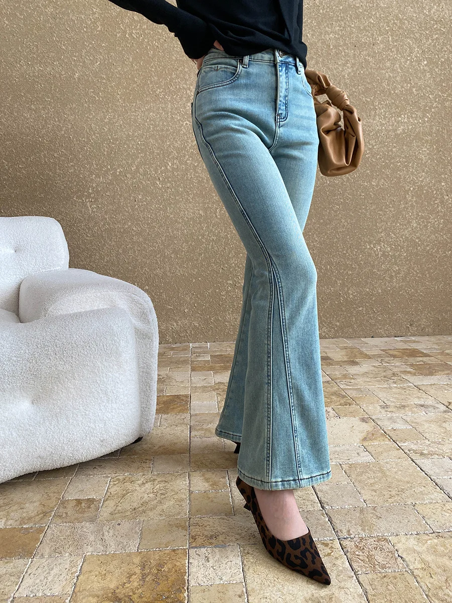 Autumn and winter women's casual solid color high waist slim fit flared jeans