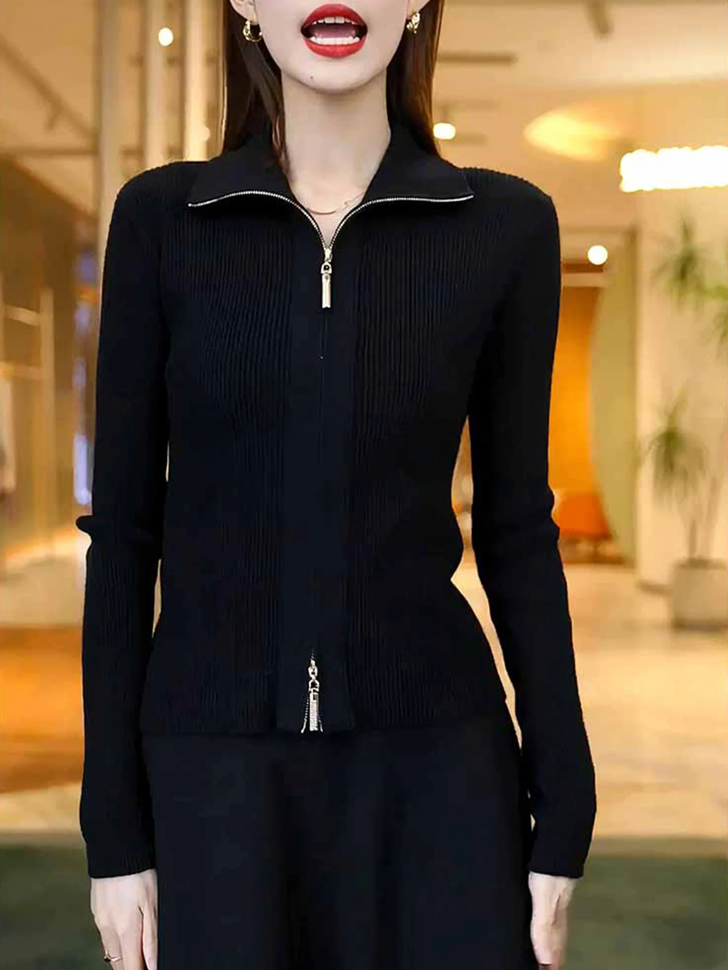 

Simple Double Zipper Long Sve Knitted Sweater Pure Color Slim Fit Korean Sle Cardigan Commute Faion Winter Clothing