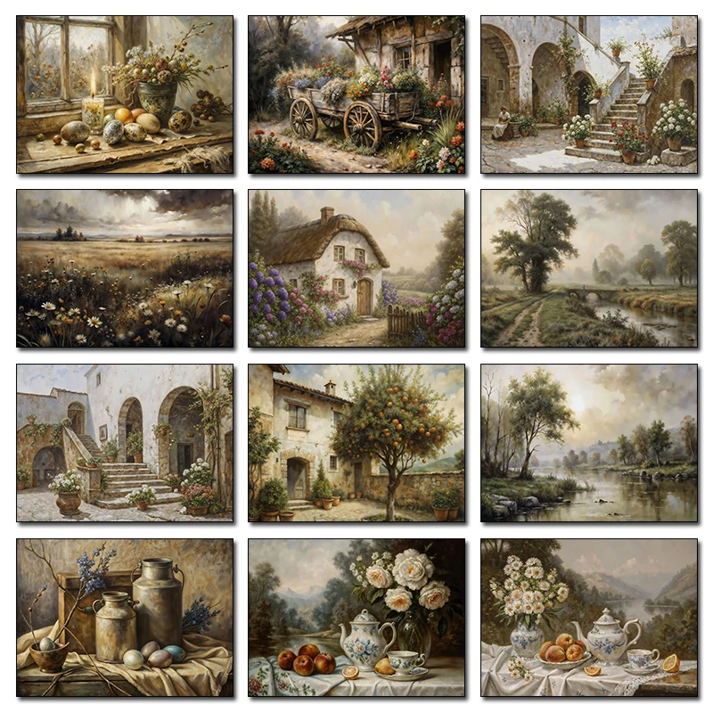 Póster de paisaje de primavera y río, cabaña rústica, jardín, olivo, naturaleza muerta, pintura en lienzo de Pascua, impresión, cocina, habitación, decoración del hogar