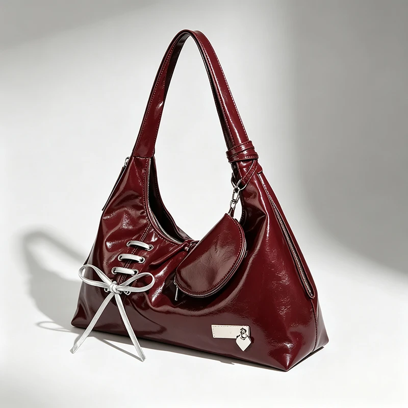 Y2k Girls Hobo Shoulder Bag, Lace‑Up Bow Handbag With Mini Purse,Korean Soft Pu Underarm Tote Bag For Women Daily Party Use - view 6