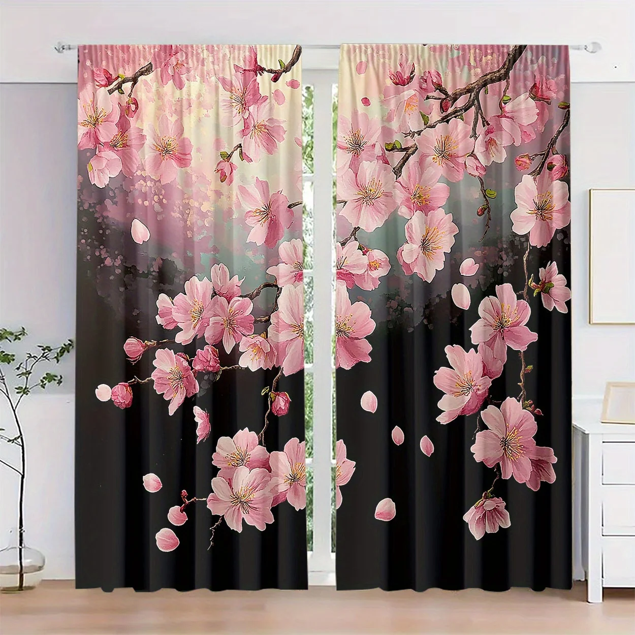 2-Pc Polyester Peach Blossom and Red Rose Curtains H-D Digital Print Rod Pocket Design Window Drapes for Bedroom Living Room