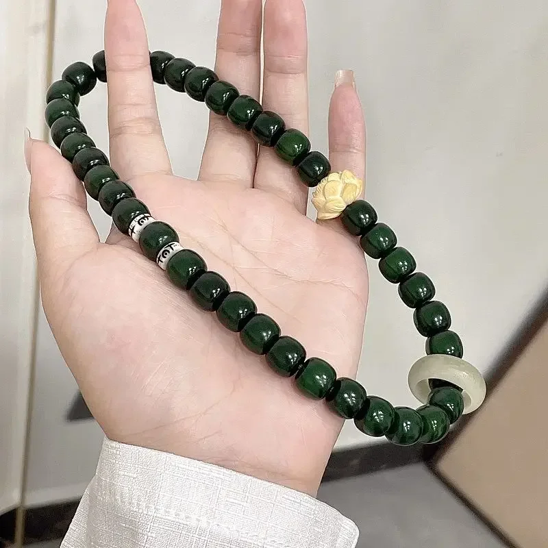 Boutique Old Material Empress Green Holding Snake Green Bodhi Root Hand String Wen Wan Men's and Women's Bracelets Buddha Beads