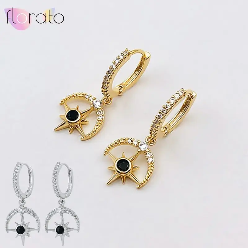

925 Sterling Silver Needle European American Classic Retro Moon Star Pendant Full Zircon Earrings Light Luxury Fashion Jewelry