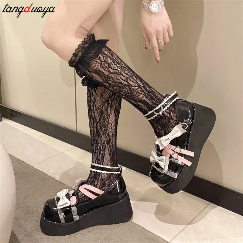 Japanese Style Mary Janes Shoes Women Kawaii Sweet Bowtie Lolita Shoes Female Ankle buckle Punk Goth cosplay pumps Y2K black