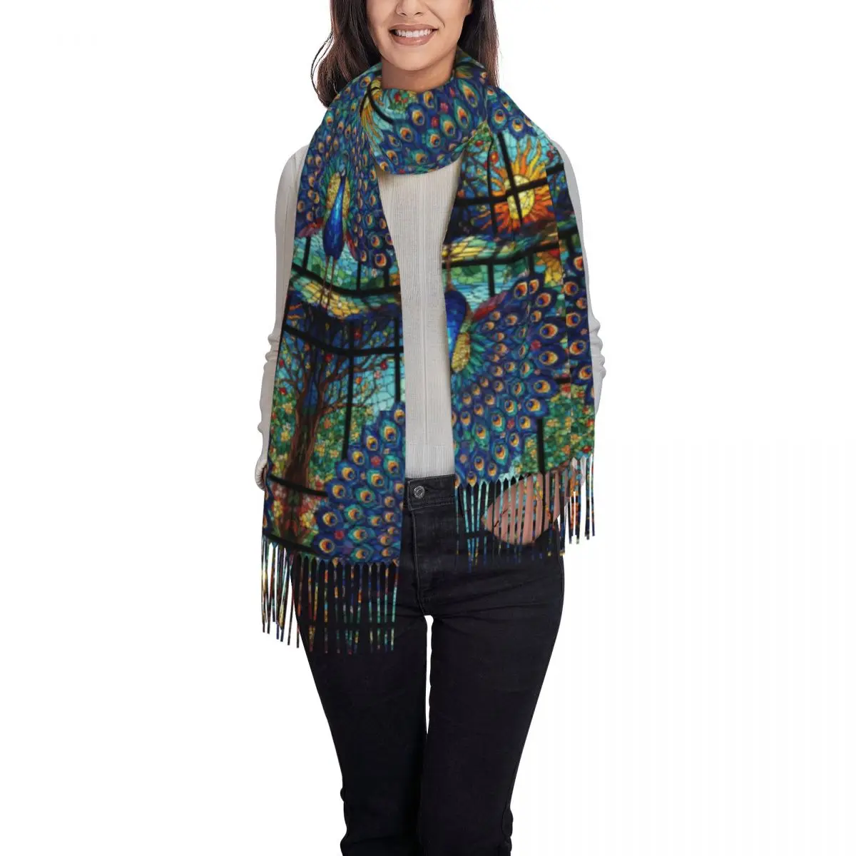 Stained Glass Peacock Scarf Tassel Scarves for Women Soft Warm Shawls and Wraps Large Fall Winter Shawl Wrap