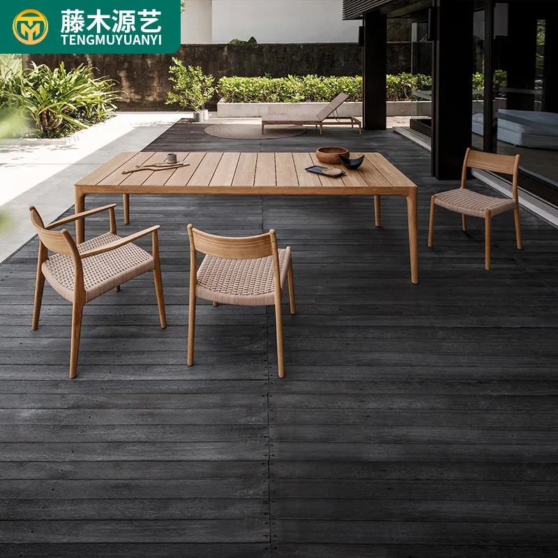 Teak Outdoor Tables And Chairs Courtyard Open-air Villa Garden Outdoor Solid Wood Waterproof Sunscreen Rattan Tables And Chairs