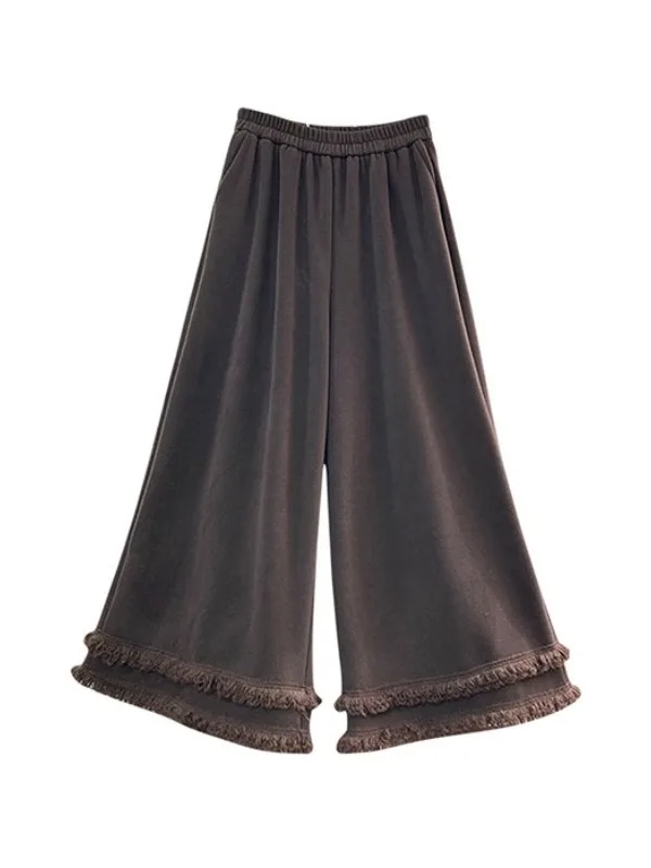 Fall Winter New Sle Tassel  Patchwork Casual Wide Leg Pants plus Size Women's Slimming Simple Fce Lined Warm Trousers