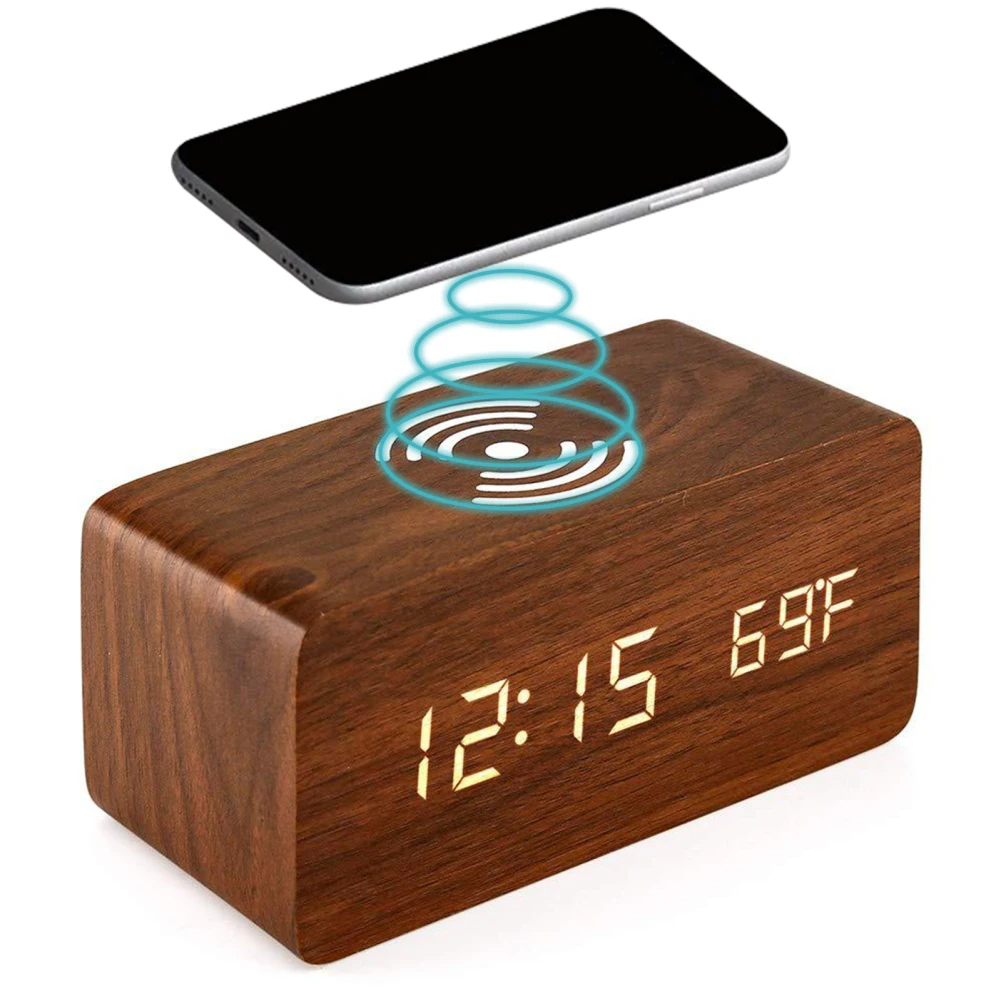 Wooden Digital Alarm Clock 3 Alarms Led Display With Wireless Charging Electronic Alarm Clock For Bedroom Bedside Office