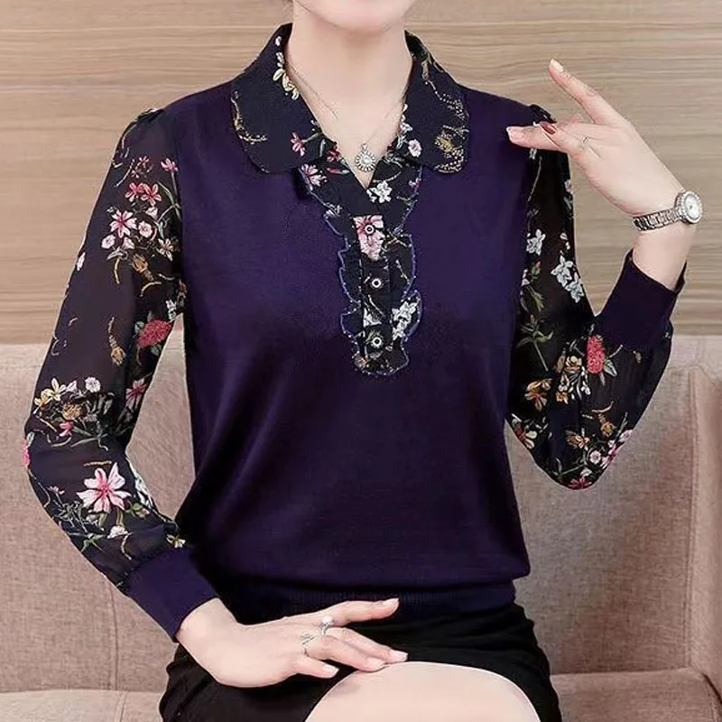 Fashion Vintage Floral Spliced Turn-down Collar Tops Women\'s Clothing Pullovers Spring Autumn Korean Long Sleeve Printed T-shirt