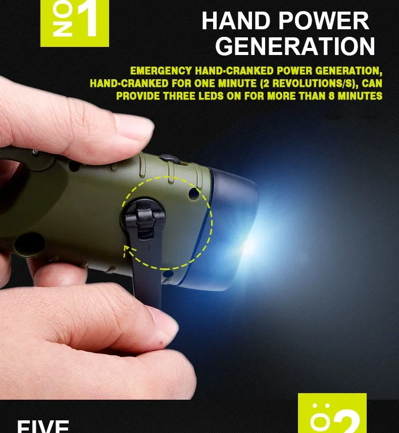 Tragbare LED-Taschenlampe, Zeltleuchte, Handkurbel-Dynamo, Solar-Taschenlampe für Outdoor-Camping, Wandern, Notfall-Laterne mit großer Reichweite – Detail 1