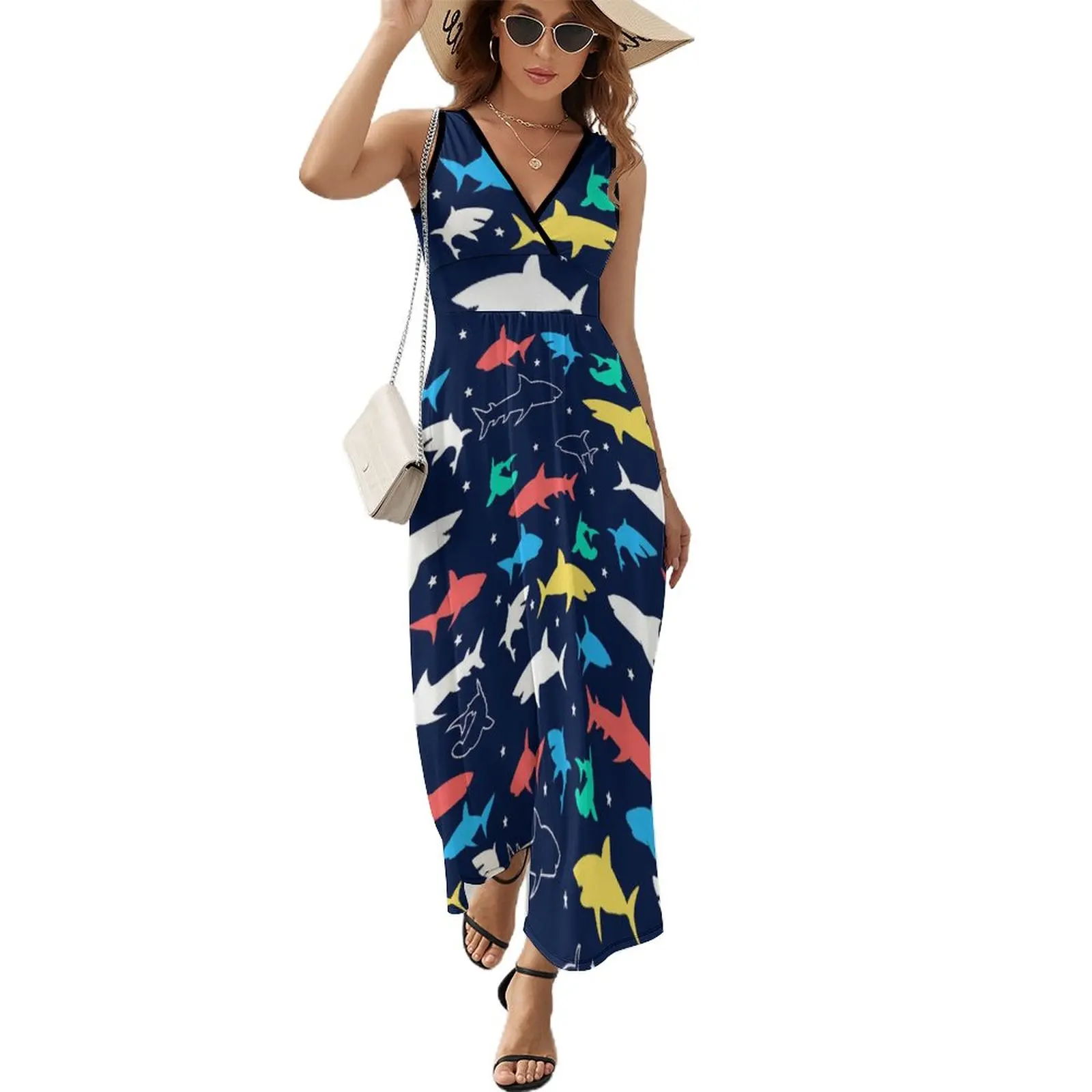 

Color Sharks Print Dress Beach Maxi Dress Streetwear Boho Beach Long Dresses High Waist Graphic Oversized Clothing