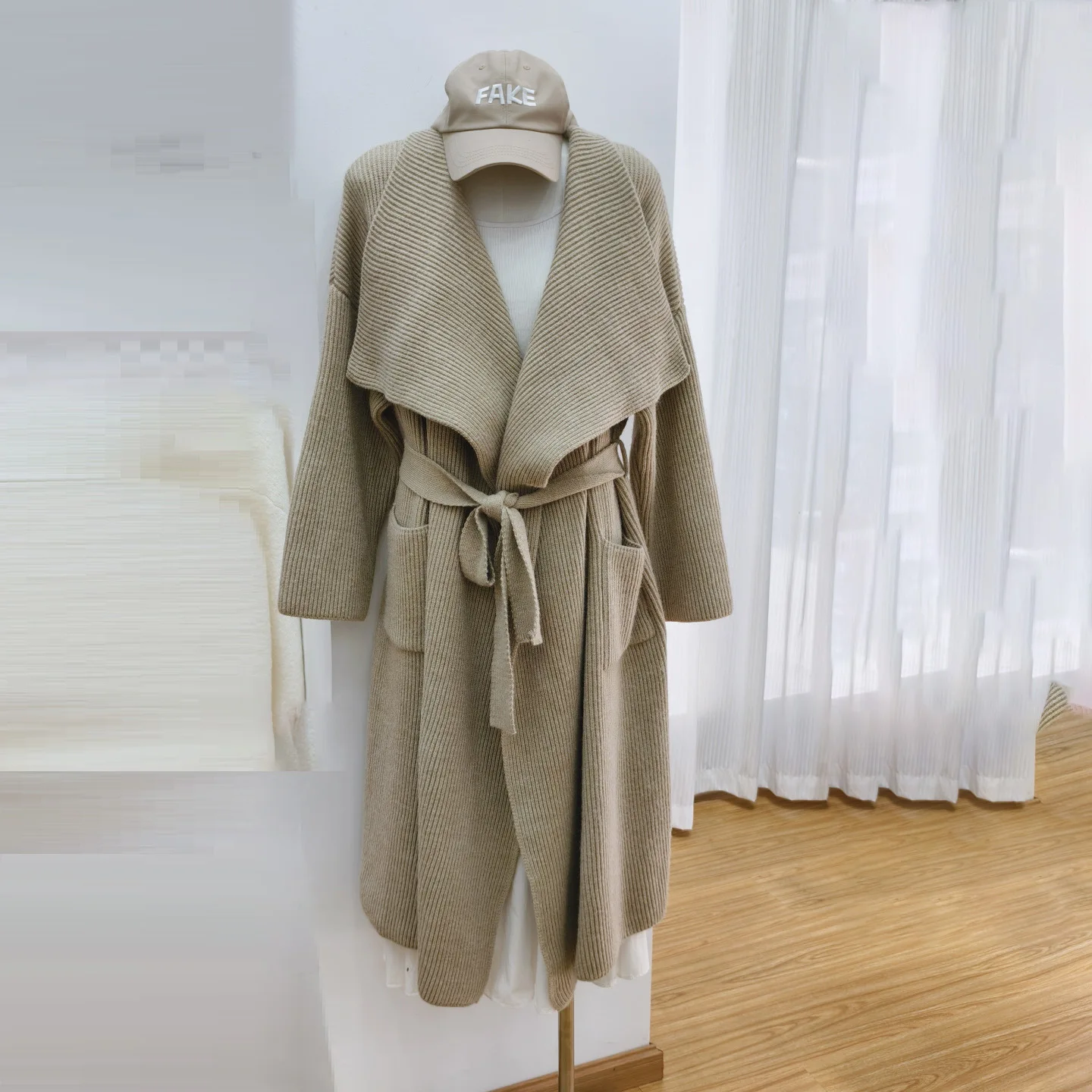 

Elegant Solid Knitted Women Cardigan Long Sleeve Loose Female Coat 2025 Casual Lace Up Belt Lazy Large Lapel Lady Knitwear Coats