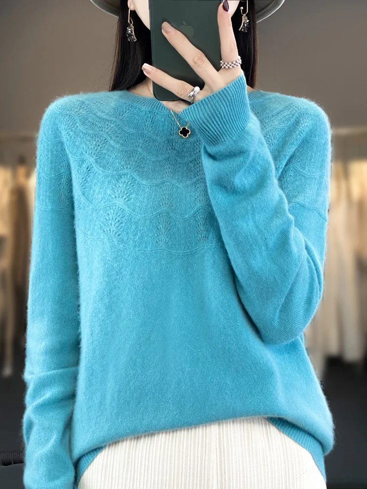 Women’s O-neck Sweater Pullovers Autumn Winter Hollow Out Cashmere 100% Merino Wool Knitwear Raglan Sleeve Grace Clothing Tops