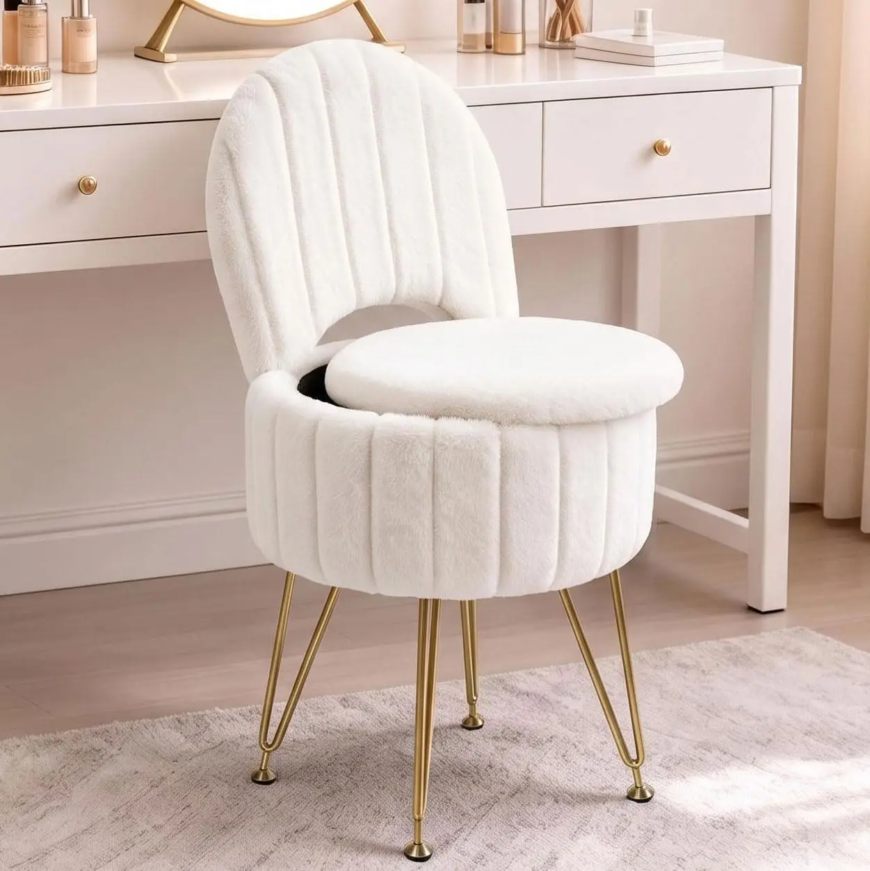 Faux Fur Round Vanity Stool Ottoman with Hidden Storage & Folding Backrest - Upholstered Seat, Gold Metal Legs, Sturdy Metal Frame, Easy Assembly, Space-Saving for Bedroom Dressing Table