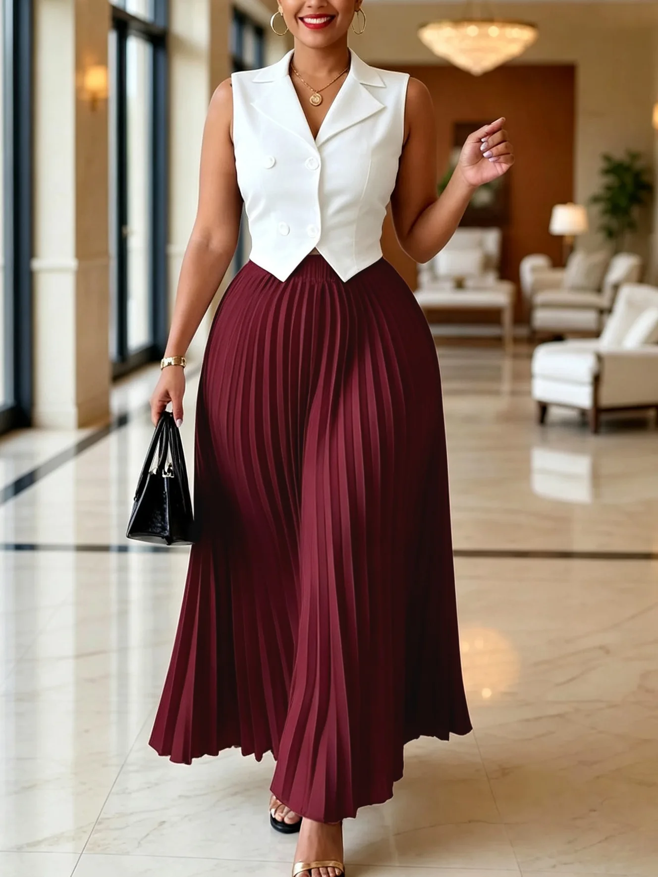 Women's Sleeveless Lapel Vest Set with Elastic Waist Pleated Half-Body Long Skirt Two-Piece Set