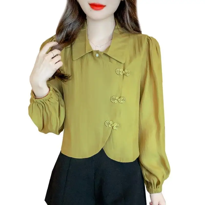 2024Autumn New Polo-Neck Long Sleeve Chiffon Shirt Chinese National Style with Buckle Collar Design Stylish High Waist Top Women