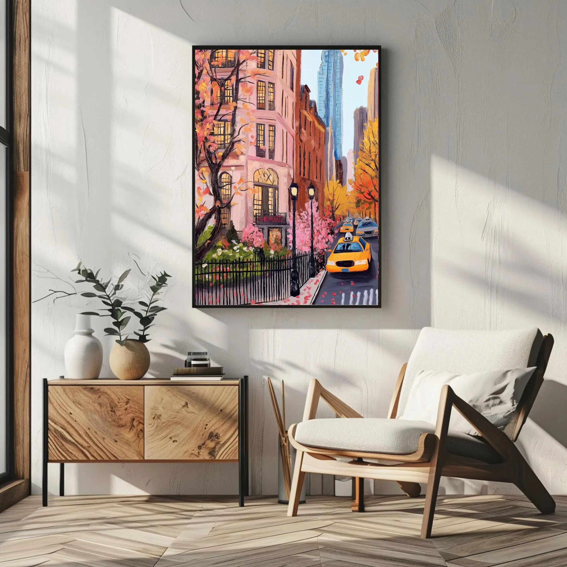 

Cute pink autumn city wall mural, warm autumn city scenery print, bohemian style autumn street scene poster, home decoration.
