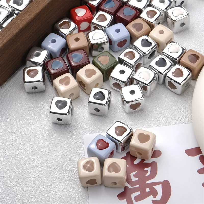 Wholesale 100pcs/lot drop oil hearts pattern print 13mm geometry square shape acrylic beads diy jewelry garment accessory