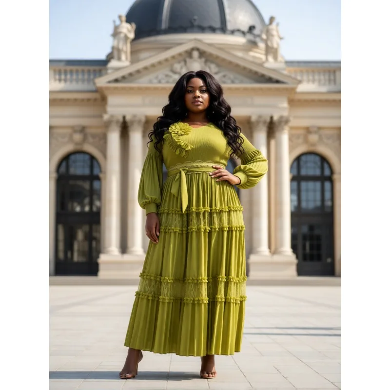 アフリカンプラスサイズ女性用ドレス ミヤケプリーツファッション 気質のある花柄 ルーズロングスリーブ ストレッチウエスト プリーツロングドレス