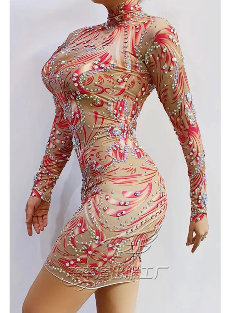 High Quality Printed Hot Diamond Elastic Slim Fit Dress 2024 New Fashion Custom Women'S Clothing