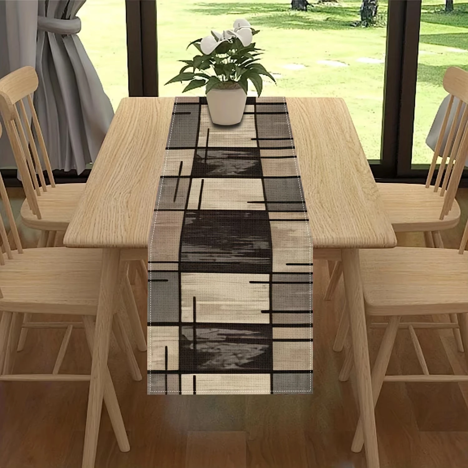 1pc Modern Geometric Linen Table Runner, 2D Print Abstract Grid Design Decor, All-Season for Contemporary Table, Kitchen