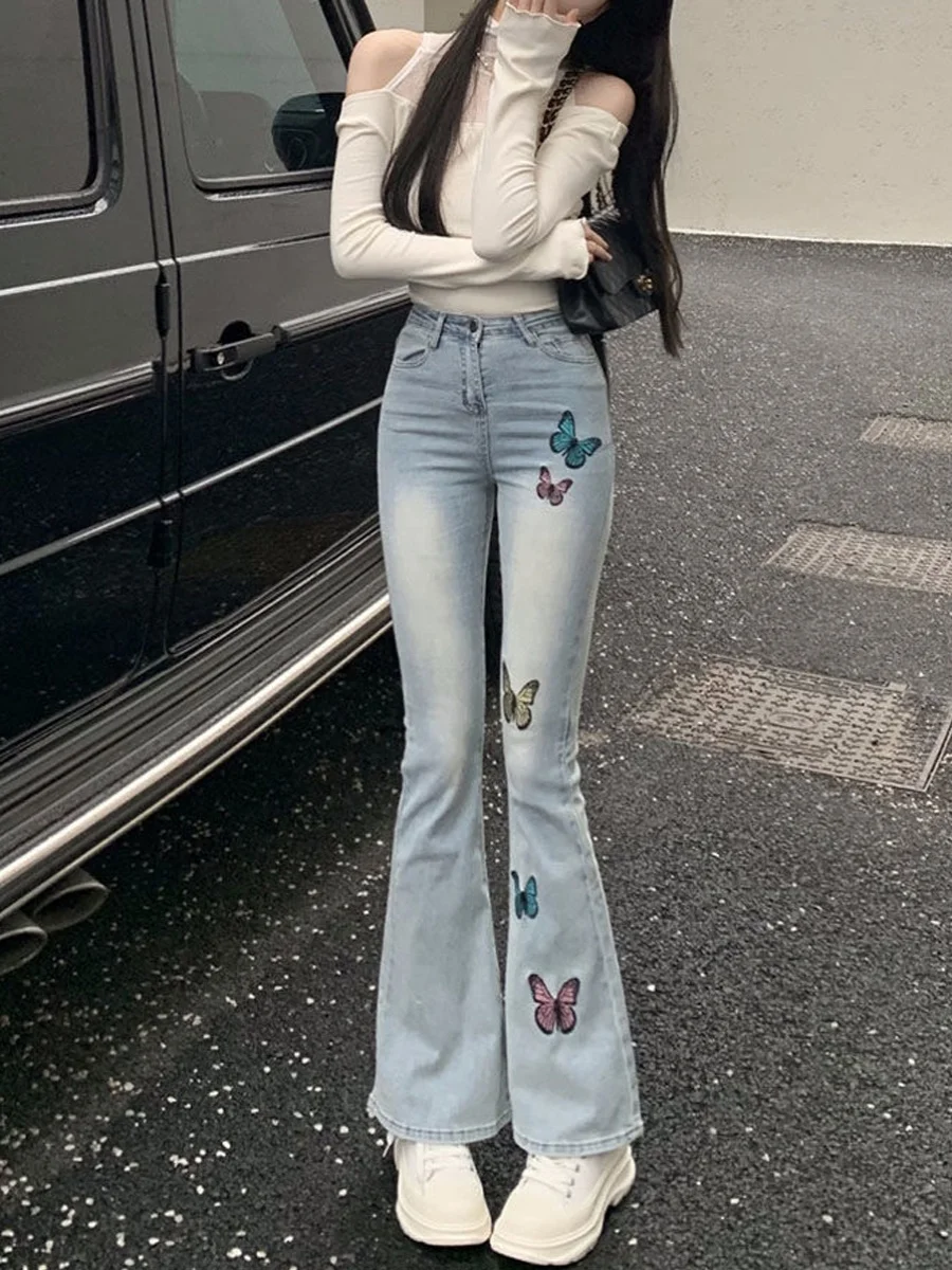 

Blue Bell Bot Denim Jeans Women's Spring New Design Embroidery Slimming Peach Bot High Waist Bootcut Pants