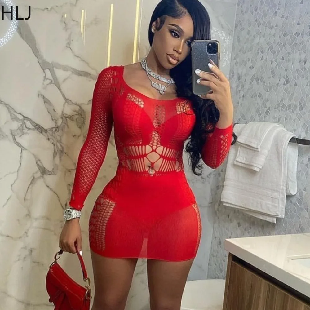 

HLJ Sexy Solid Hollow Out Lace Perspective Bodycon Mini Dresse Women O Neck Long Sleeve Slim Vestidos Fashion Nightclub Clothing