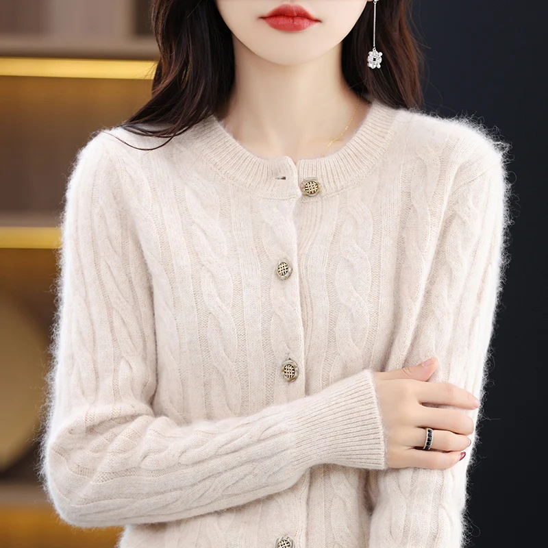 100% Mink Cashmere Cardigan Sweater Women\'s Knitted O-Neck Long Sleeve Top Casual Loose fitting Clothing Korean Fashion Pullover