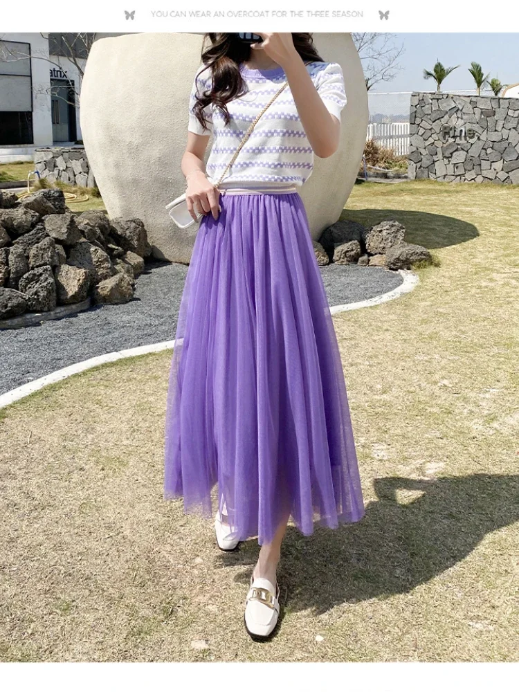 Fashion Slim Fit Pleated Mid-length Skirt Spring New Mesh Purple High Waist Skrit for WomenFemale Elegant Holiday Faldas