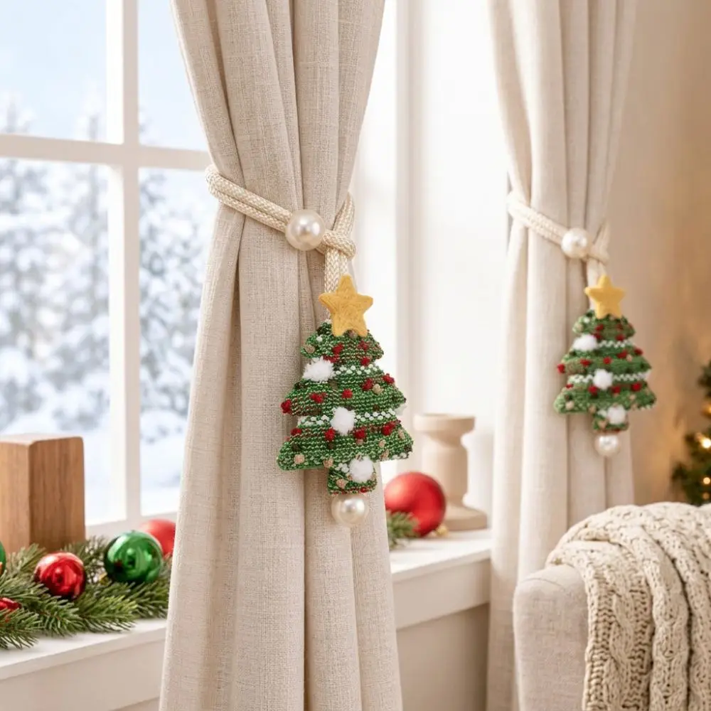 2Pcs Fabric Star Topper Christmas Tree Curtain Tiebacks Handcrafted Adjustable Xmas Pearl Curtain Buckles Faux Pearl Bead