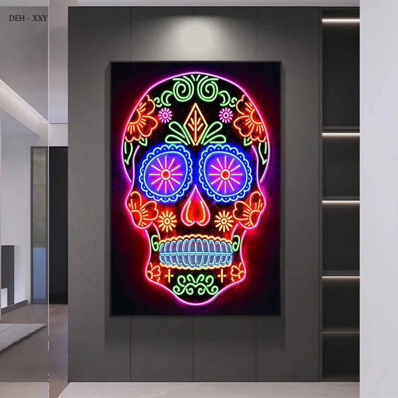 Neon Wall Art Skull Head Posters Day of The Dead Canvas Print Painting Pop Street Wall Art Picture for Home Bar Room Decor